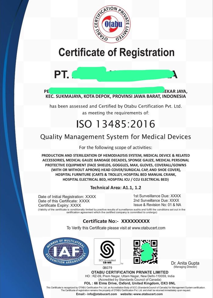 Contoh Sertifikat ISO 13485:2016