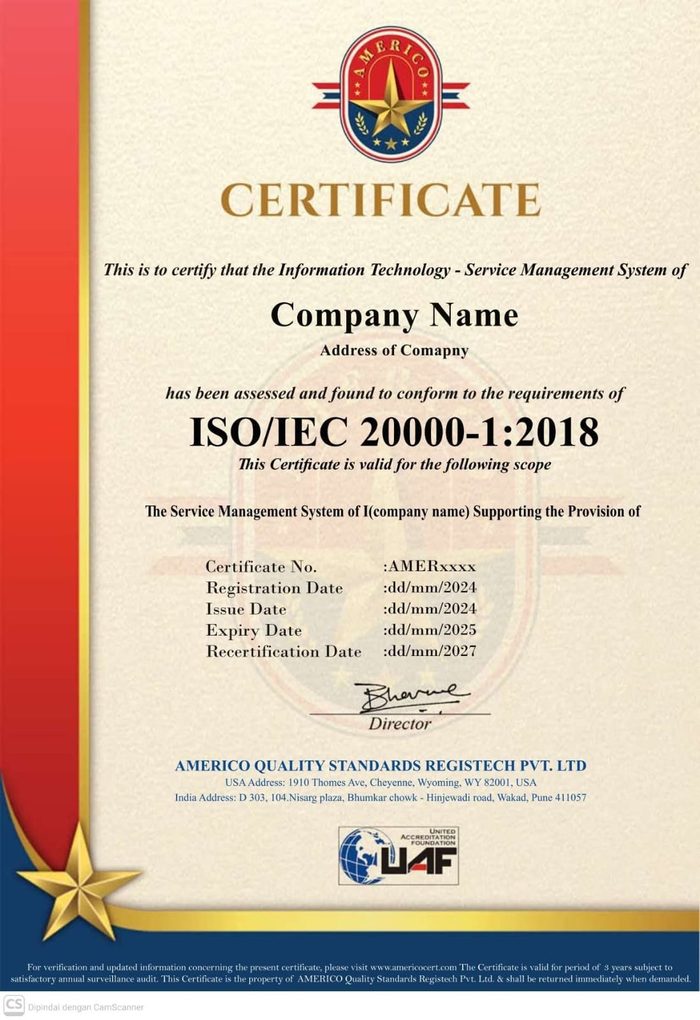 Contoh Sertifikat ISO/IEC 20000-1:2018