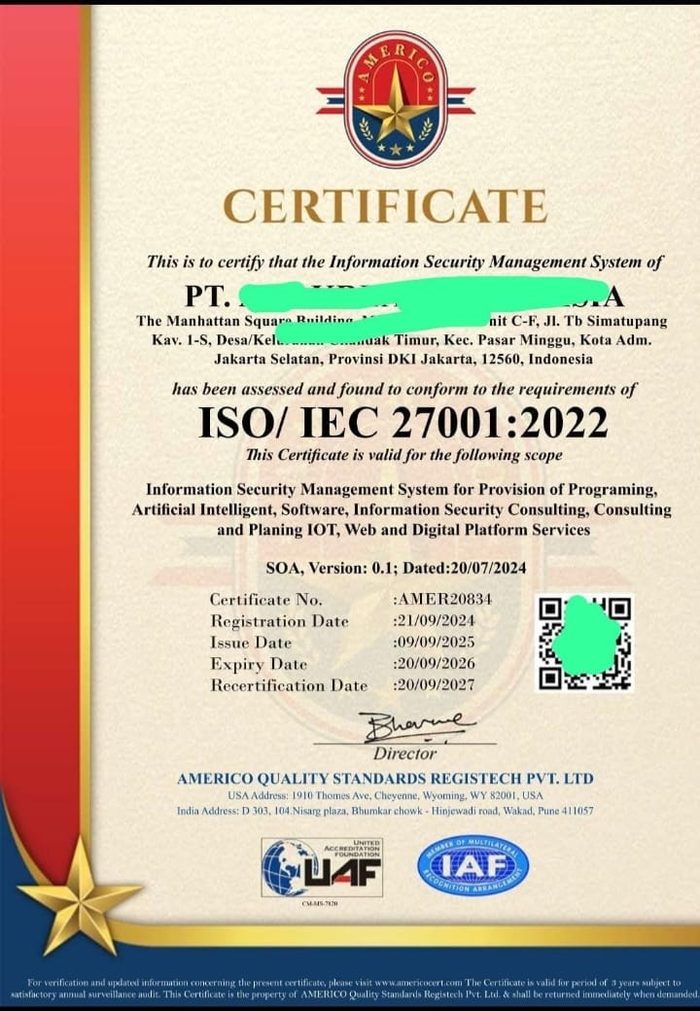 Contoh Sertifikat ISO/IEC 27001:2022
