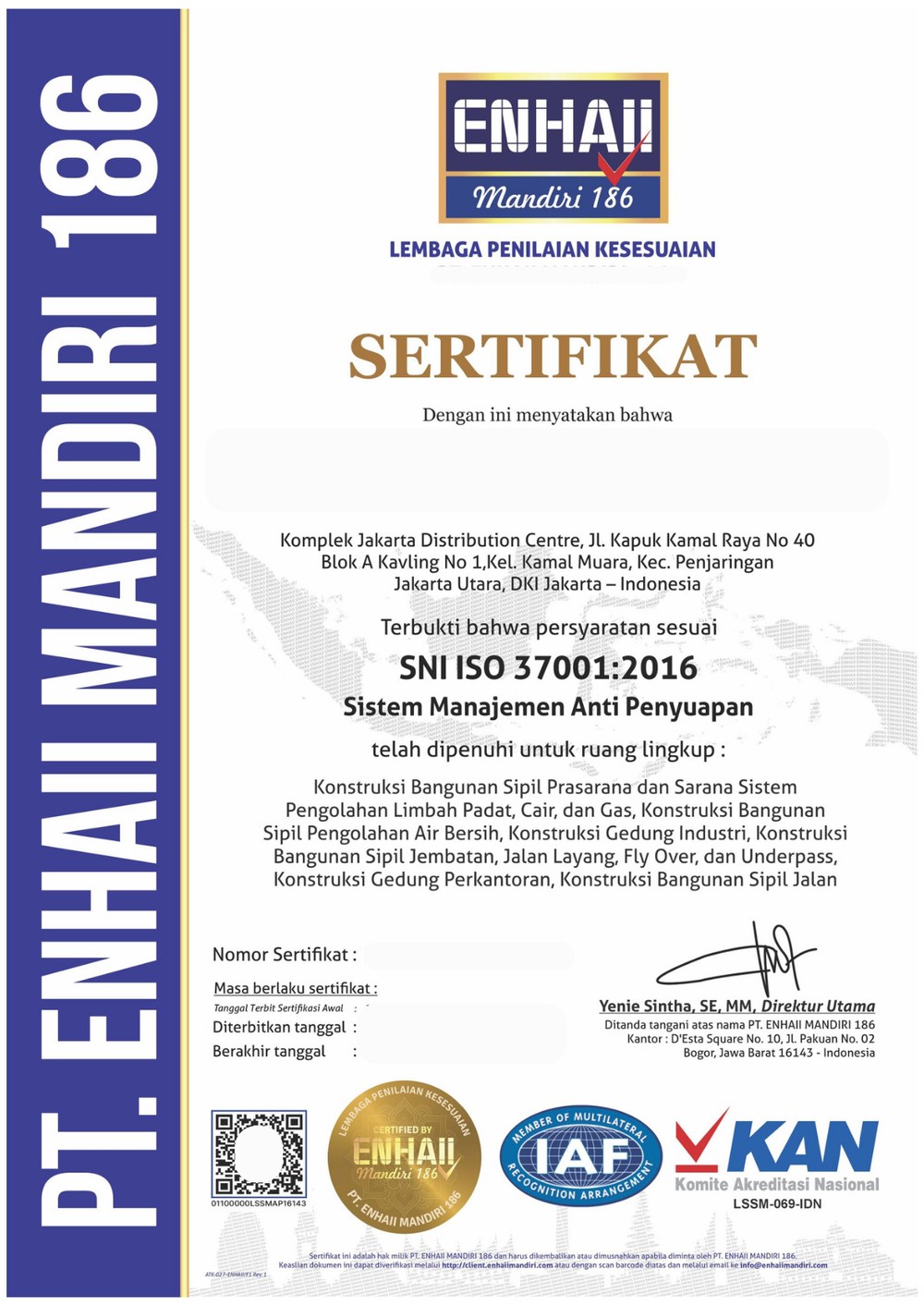 Sertifikat ISO 37001:2016 — PT Enhaii Mandiri 186