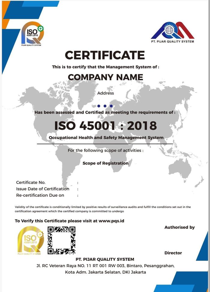 Contoh Sertifikat ISO 45001:2018