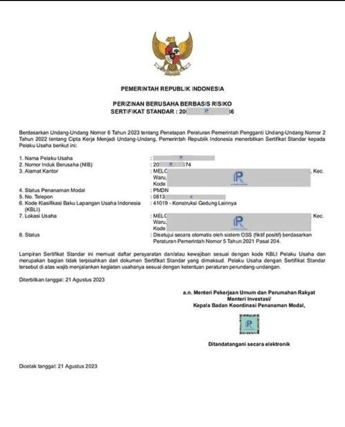 Contoh Sertifikat Standar OSS