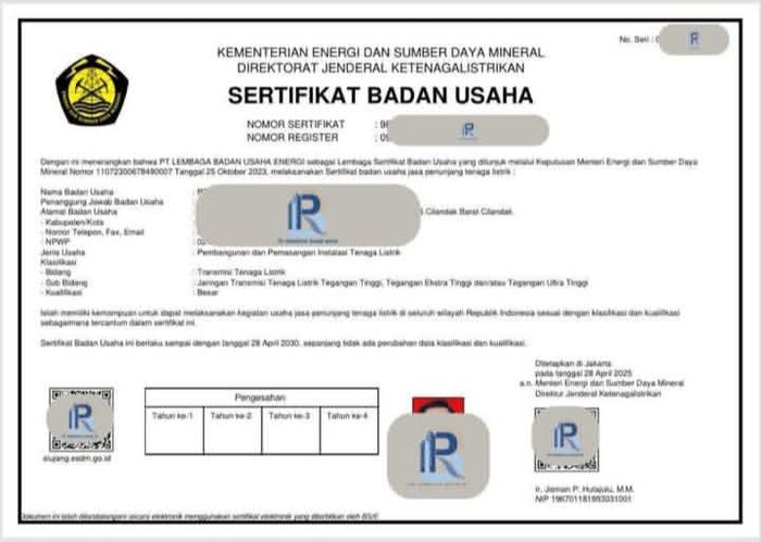Contoh Sertifikat Badan Usaha Energi